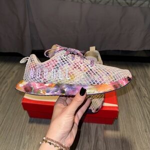 No Bull Mesh Runner Shoe White Multicolor Floral Tye Dye Design Womens Sz 8.5